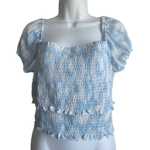 Lush Smocked Babydoll Top XL Blue White Milkmaid Puff Sleeve Cottagecore‎